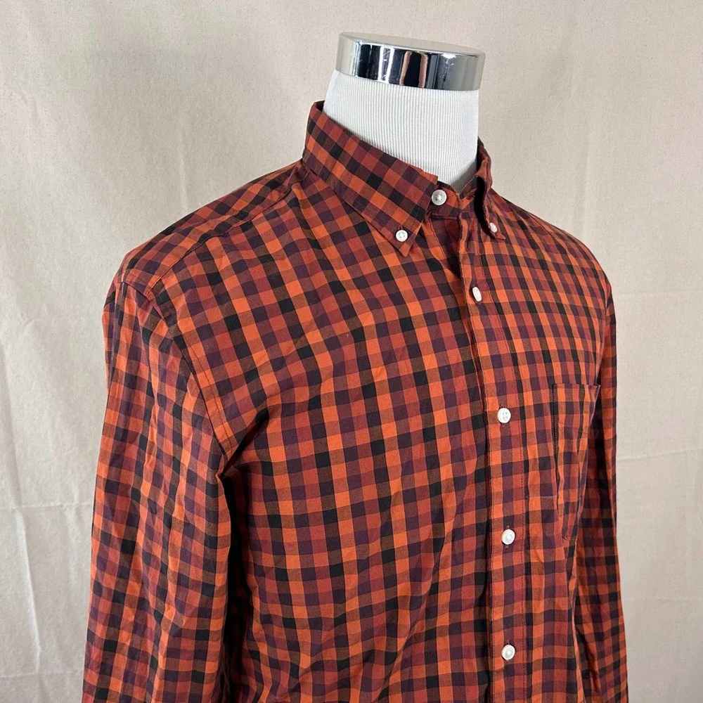 J. Crew Medium Slim Secret Wash Shirt Orange Gingham Stretch Button Down Mens